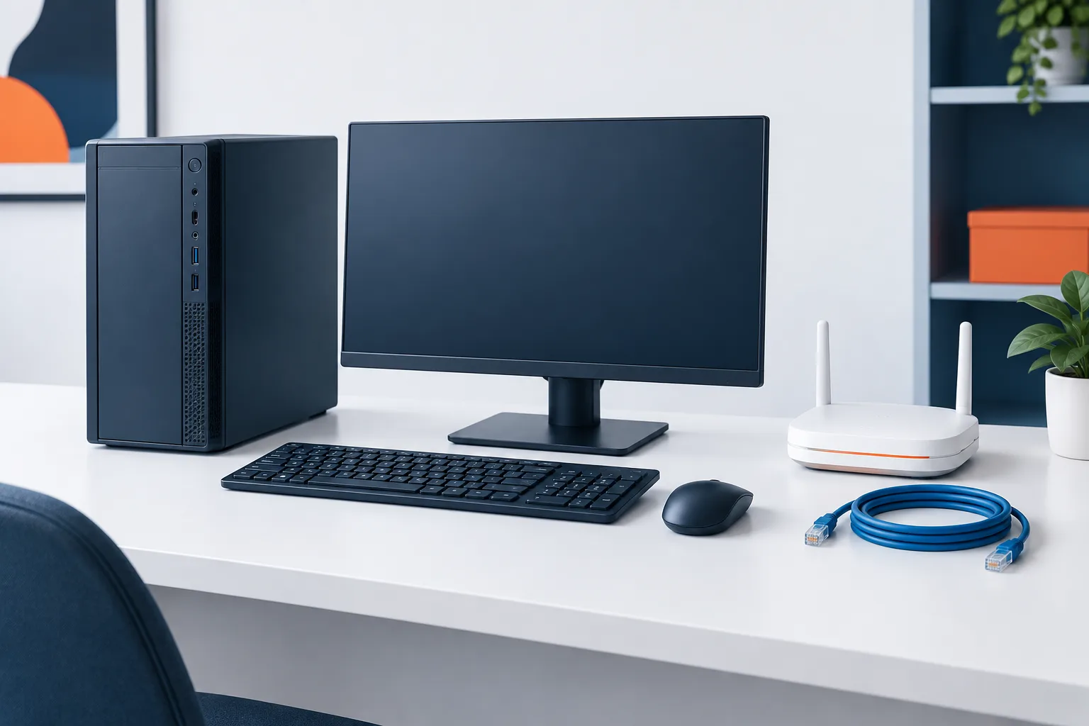A desktop computer, keyboard, network cable, and wireless access point on a desk.