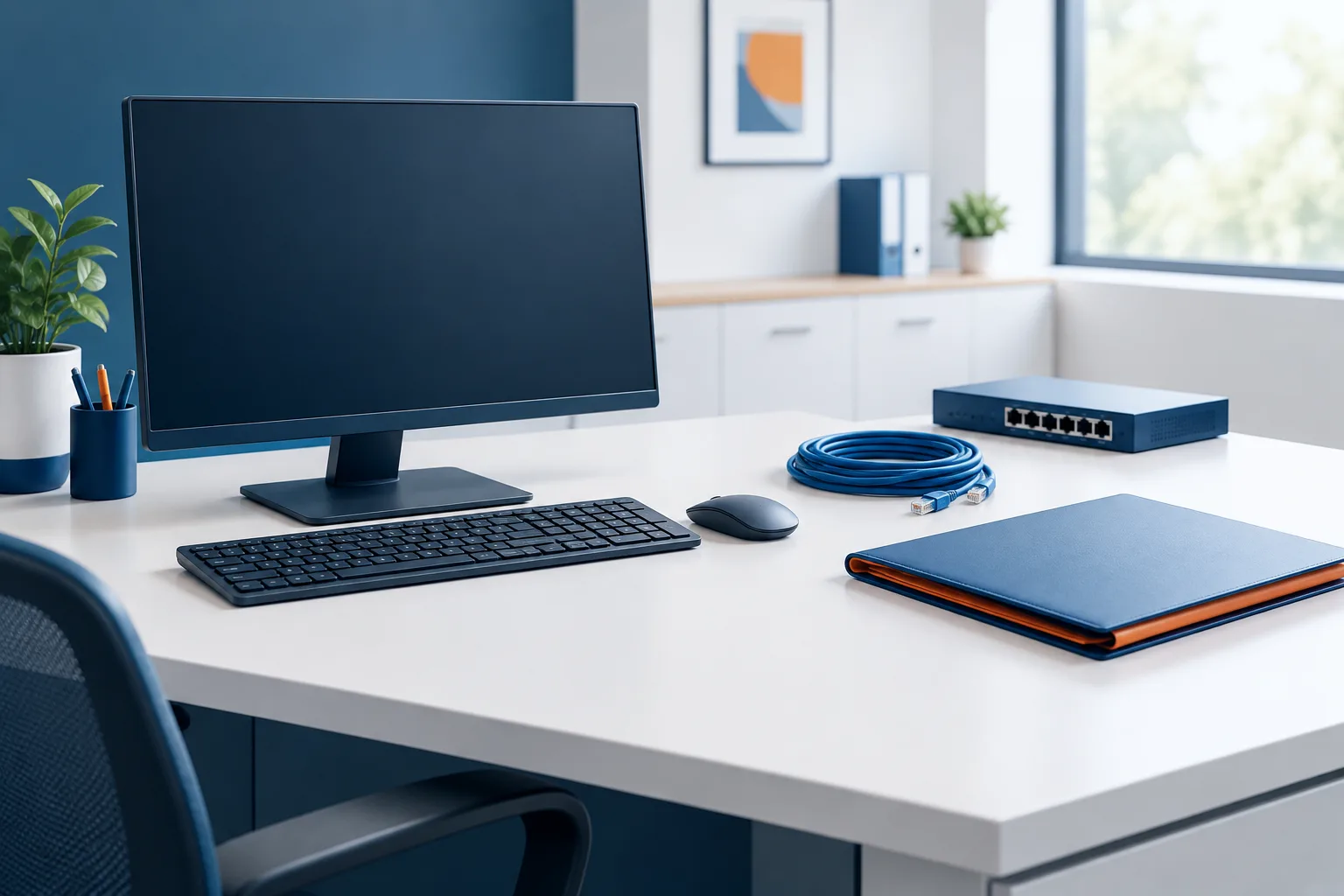 A clinic office workstation beside a network cable and closed folder.