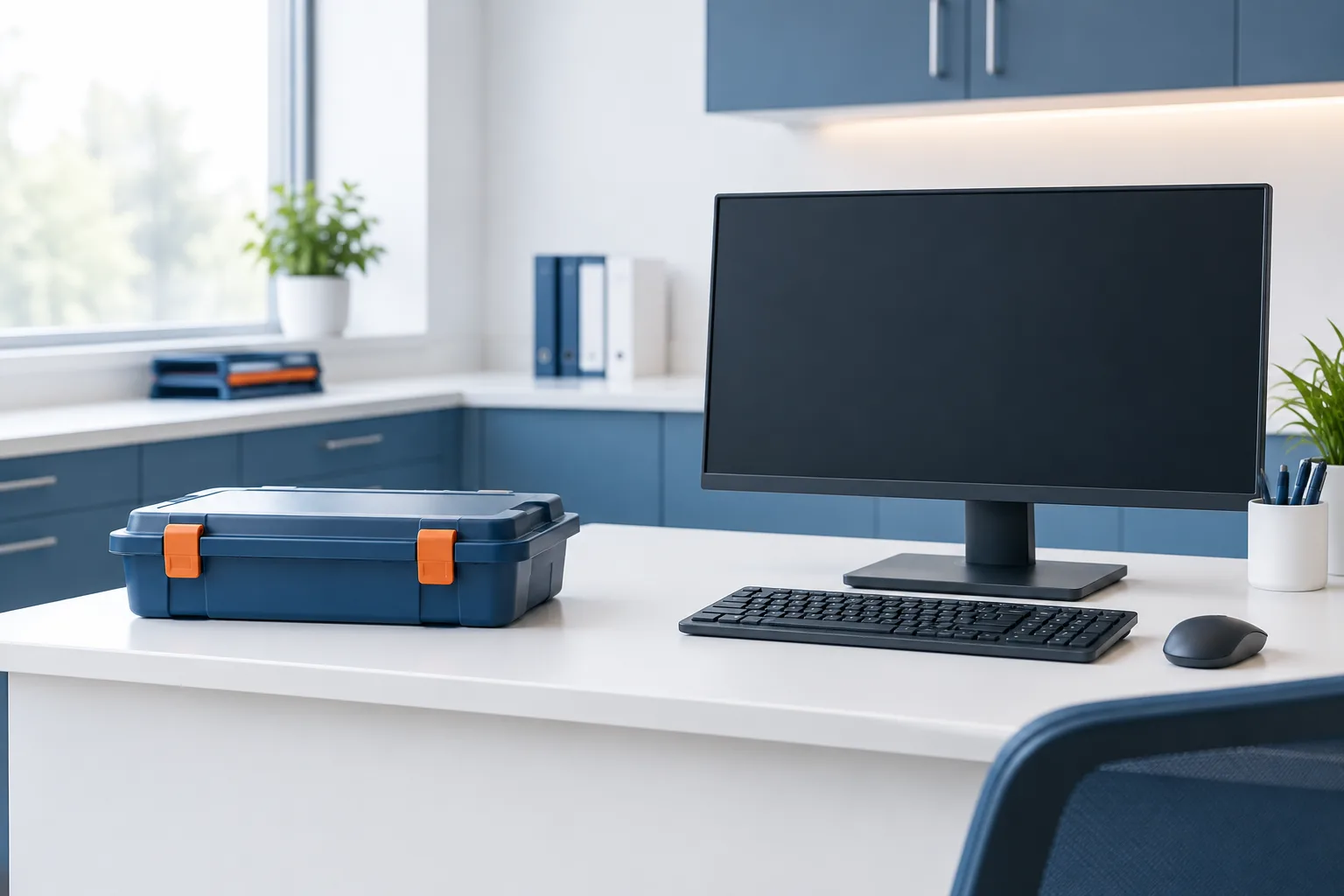A specimen tray beside a clinical workstation with a blank monitor.