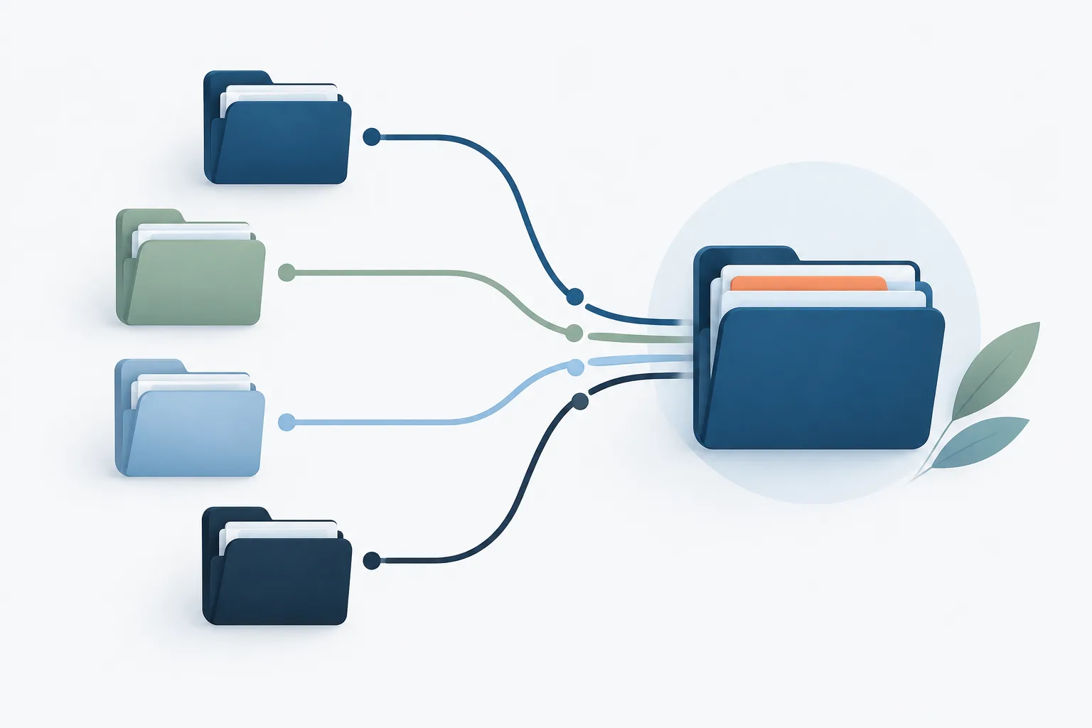 Abstract illustration of patient record folders connected to an organized central record.